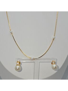Faux Pearl Gold Set Earrings Studs and Chain 17''